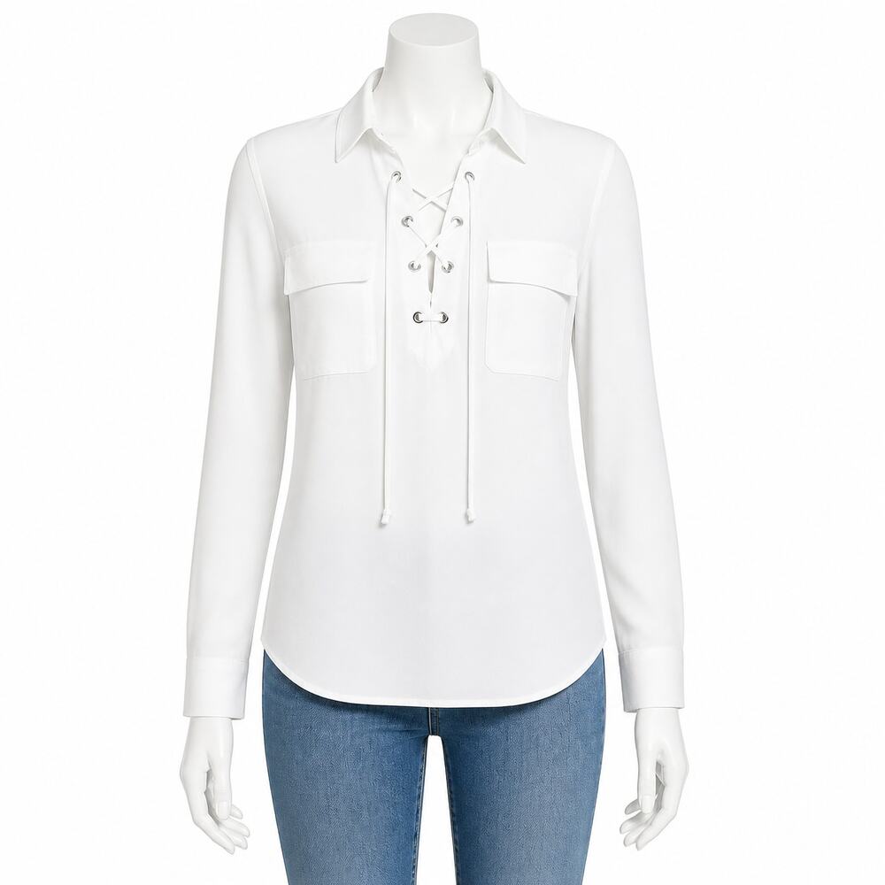 Jones New York Long Sleeve Lace Up - White - Size S